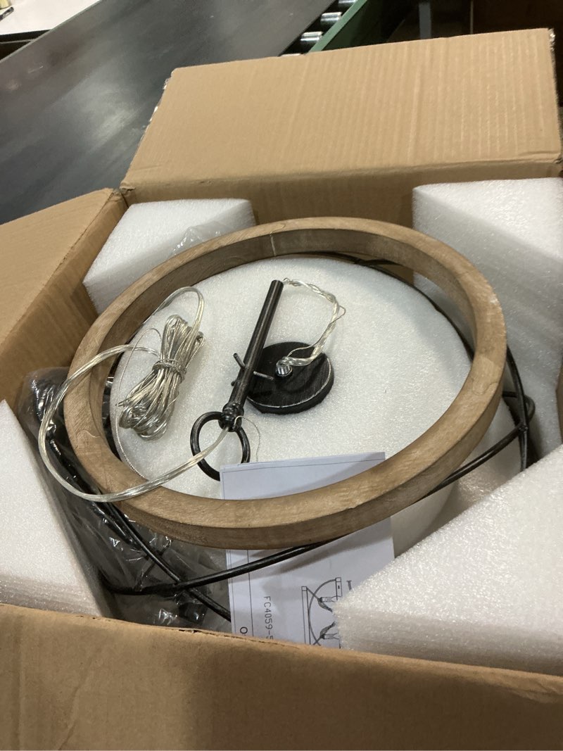 Condition photo showing As Is for Farmhouse Wood Chandelier Light Fixture, 16 Inch Dining Room Light Fixture Over Table, 5-Light French Country Rustic Industrial Drum Chandelier for Kitchen Dining Room Entryway wood-2