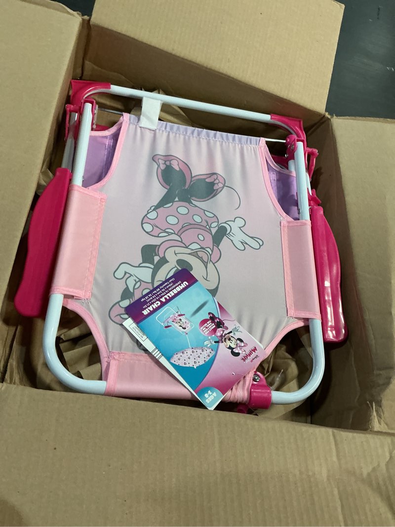 Condition photo showing New/Like New for Disney Minnie Mouse Kids Beach Chair with Umbrella,Foldable Portable Toddler Chair with Armrests, Locking Mechanism & Sun Shade