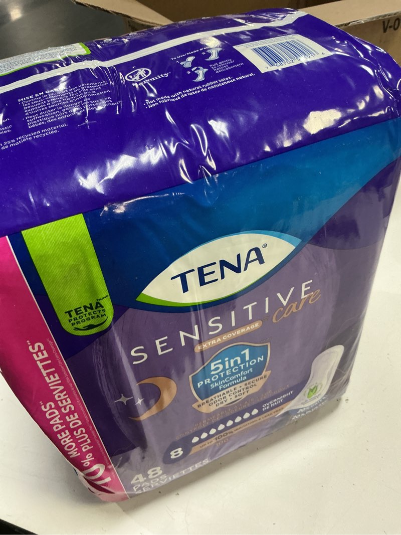 Condition photo showing New/Like New for tena sensitive care incontinence pads, bladder control, postpartum for women, overnight absorbency, extra coverage, 48 count