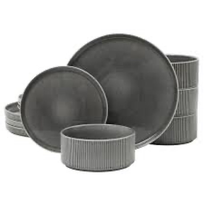 Gibson Elite Solana Coast 12 Piece Stoneware Reactive Glaze (Service for 4) Ceramic Plates and Bowls Modern Shape Embossed Dinnerware Set