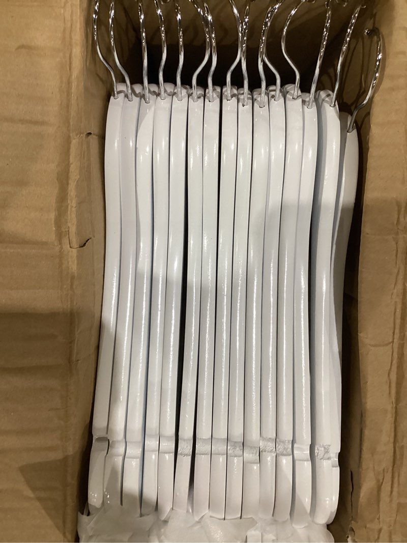 Condition photo showing As Is for White Wooden Hangers 30 Pack Slim Coat Hangers for Closet with Smooth Finish,Shirt,Suit,Dress,Heavy Duty Clothes Hanger White 30