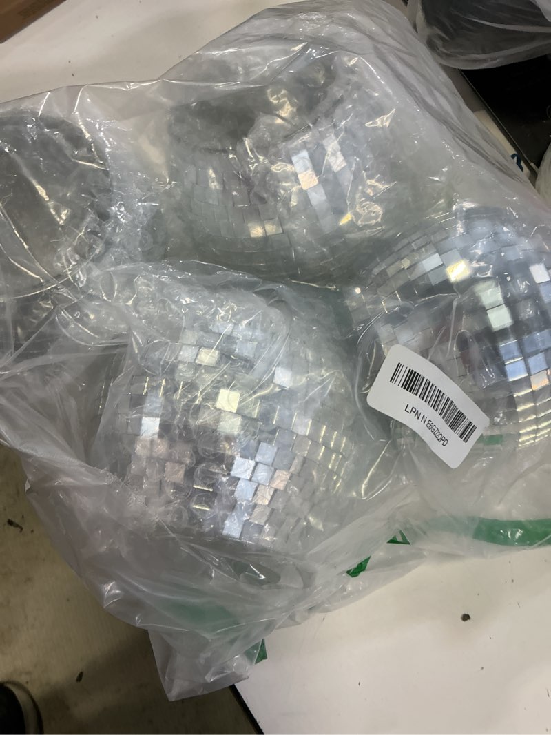 Condition photo showing As Is for 4 pcs disco ball vase & candle holder, 4x4.7inches mirrored disco ball planter - perfect decoration for living room, bedroom, dining table, wedding, party, birthday (4x4.7 plastic) plastic 4pcs-4x4.7-silver