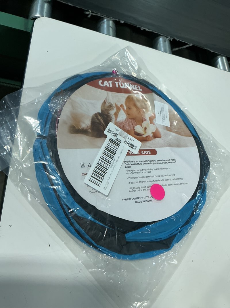 Condition photo showing Good Condition for tempcore cat tunnel, 3-way collapsible toy for indoor cats, black & blue | 3-way cat tunnel with peek holes, hanging ball and teaser wand, collapsible design for play, hiding, chasing and exercise
