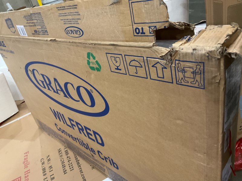 Condition photo showing As Is for Graco Wilfred 5-in-1 Convertible Crib (Pebble Gray) – GREENGUARD Gold Certified, Converts to Toddler Bed and Full-Size Bed, Fits Standard Full-Size Crib Mattress, Adjustable Mattress Support Base