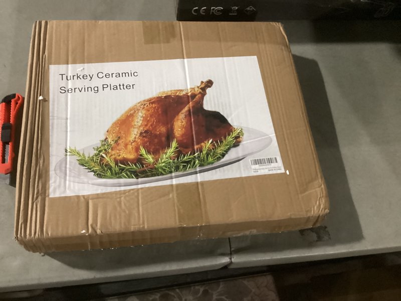 Condition photo showing As Is for holiday serving platter thanksgiving turkey serving set - large ceramic turkey platter & turkey baster injector - perfect for holiday dinners