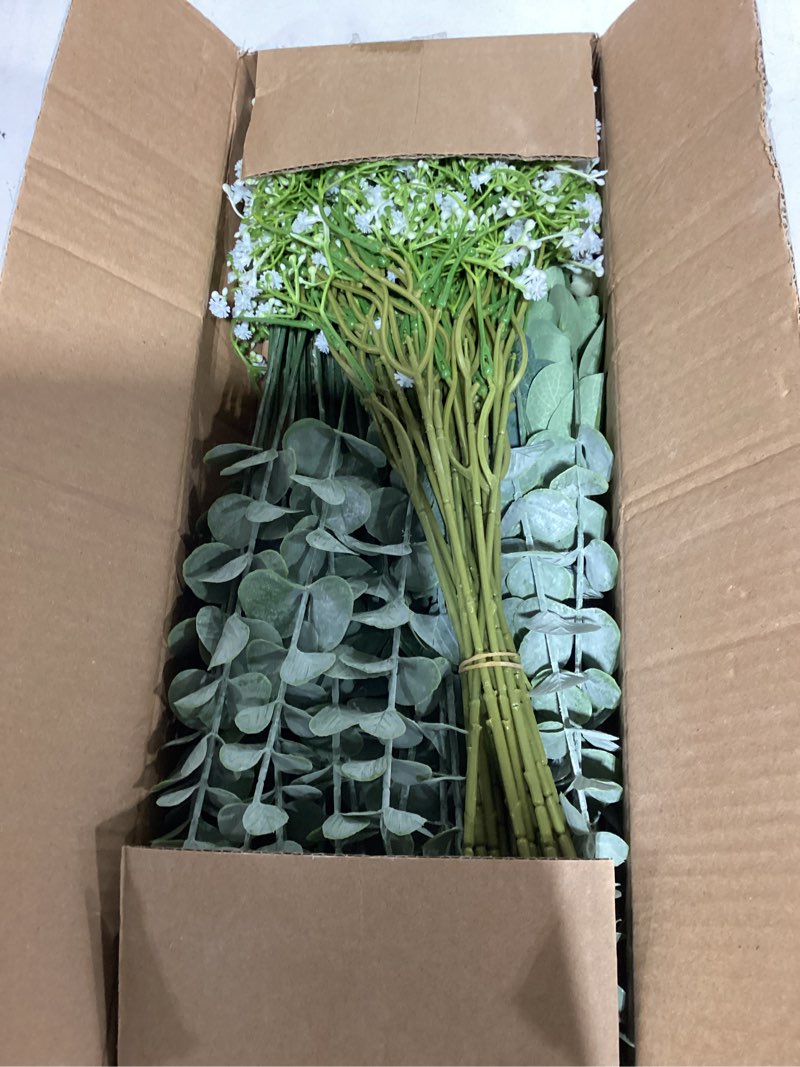 Condition photo showing Good Condition for lovemoon 100 pcs mixed greenery artificial eucalyptus stems, baby breath artificial flowers bulk and eucalyptus leaves for wedding bouquets home office floral decor (100, green and white) green and white 100