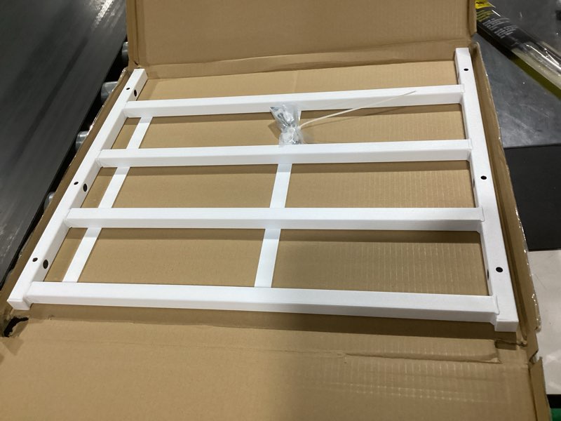 Condition photo showing New/Like New for fixed window safety guard 19”x 38” adjustable width prevents accidental falls, non-egress, tamper resistant screws included, white, single pack 19x38 inches
