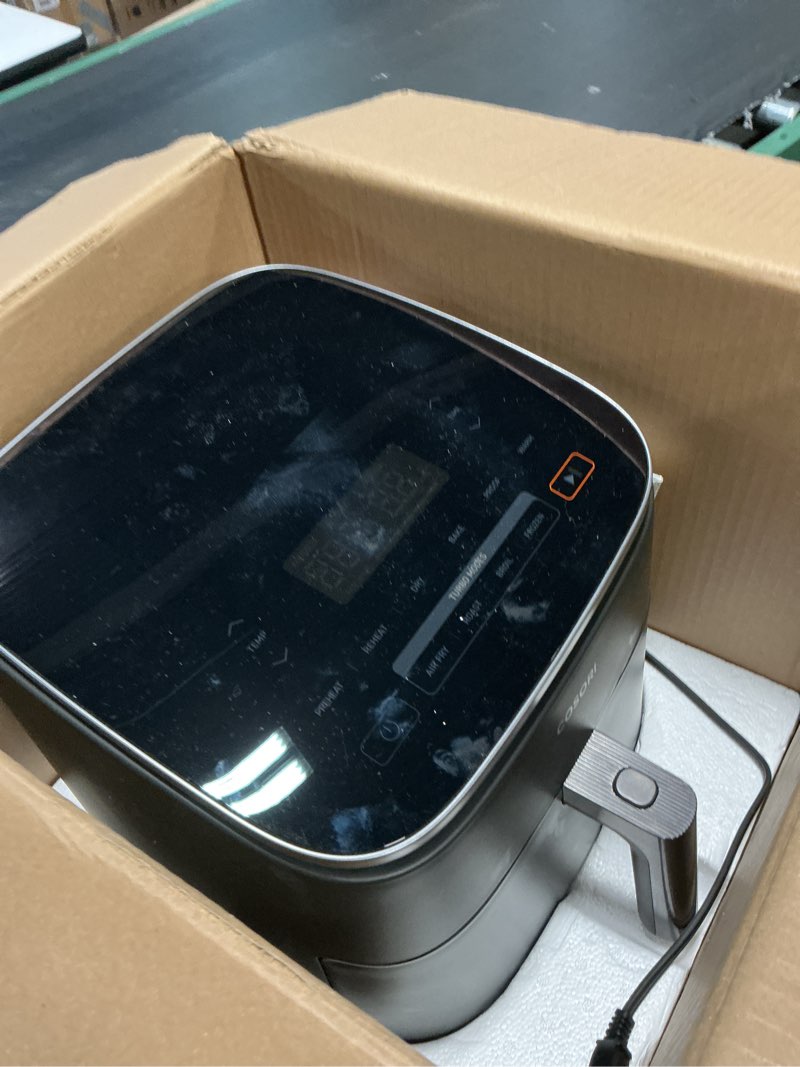Condition photo showing As Is for cosori 9-in-1 turboblaze air fryer 6 qt, pfas-free ceramic coating, 90°–450°f, precise heating for even results, air fry, roast, bake, broil, dry, frozen, proof, reheat, keep warm, 120v, dark gray dark gray 6qt