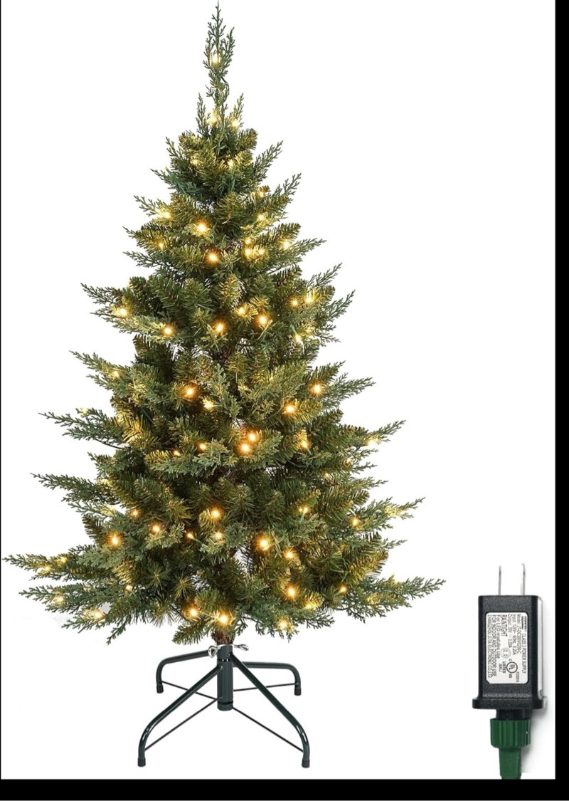 4 ft prelit christmas tree with cypress leaf 150 led lights, 318 branch tips & metal stand slim pencil christmas decoration tree for indoor and outdoor narrow space
