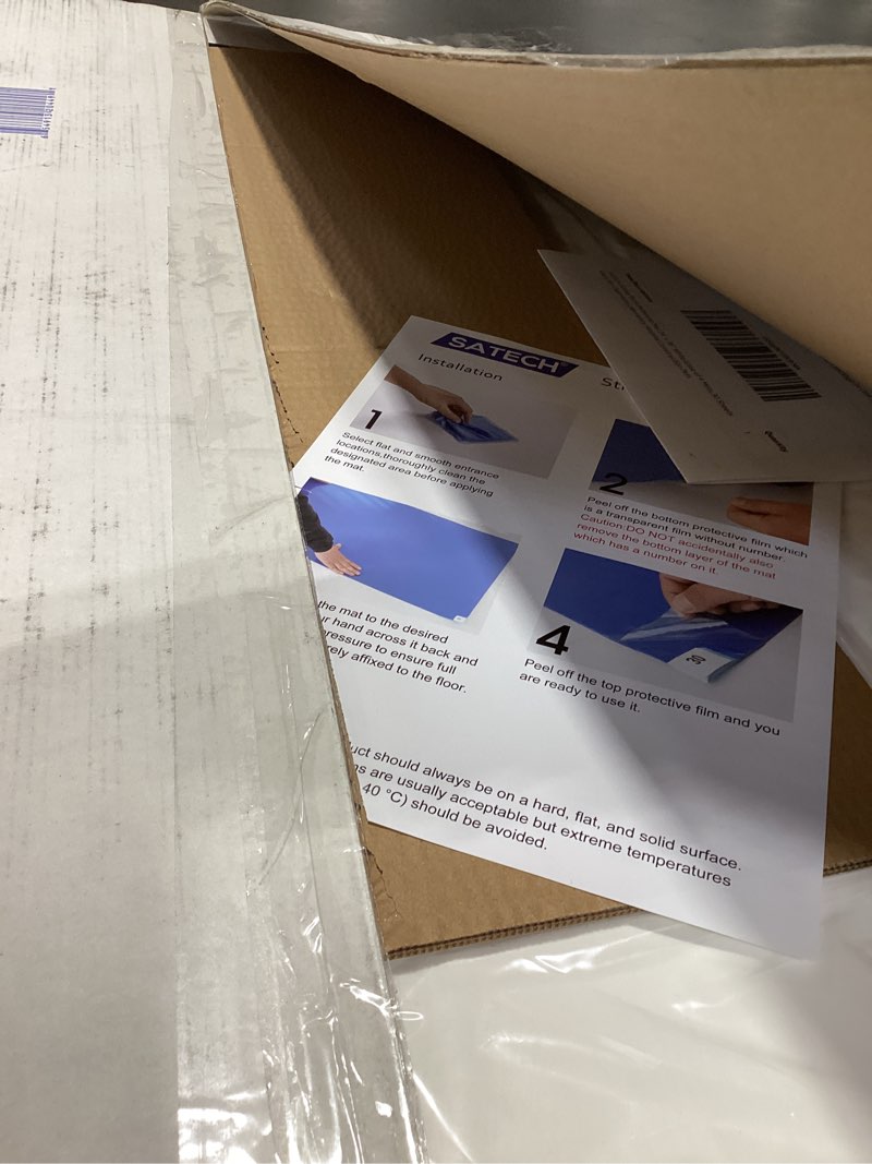 Condition photo showing As Is for satech sticky/tacky/adhesive mat 24" x 36" white (case of 4 mats,30 sheets each) for cleanroom laboratory hospital construction pets