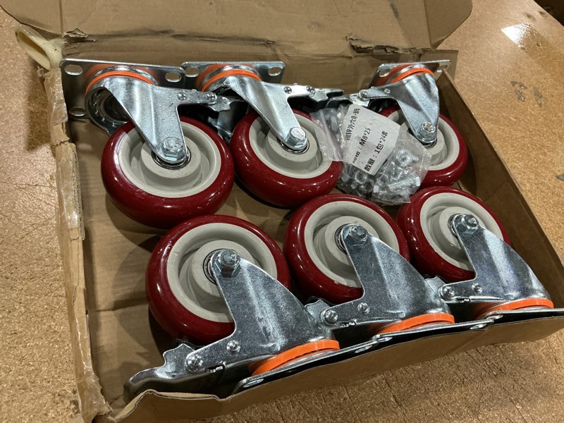 Condition photo showing Good Condition for 6 pcs 4 inch heavy duty casters, (6 casters load capacity 3300 lbs) lockable swivel bearing caster with brakes for workbenches, shelves, carts, etc. 6 pcs 4" (red)