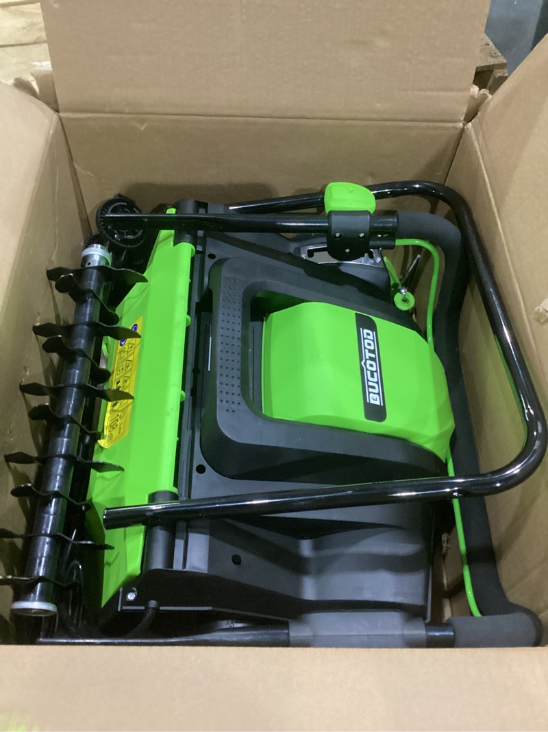 Condition photo showing As Is for 2-in-1 dethatcher & 16-inch scarifier electric corded, 15 amp copper motor, electric lawn dethatcher with 5-position depth adjustment, 14.5 gal thatch bag,walk behind for yard lawn garden care