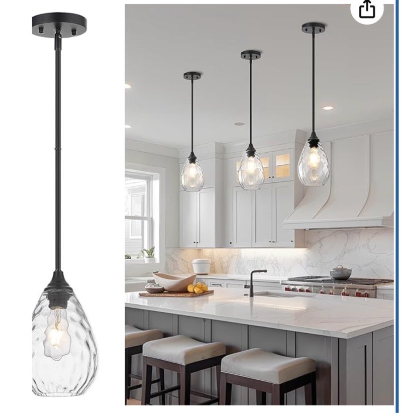 twinklumen modern black pendant light, elegant water ripple glass shade, height adjustable kitchen i