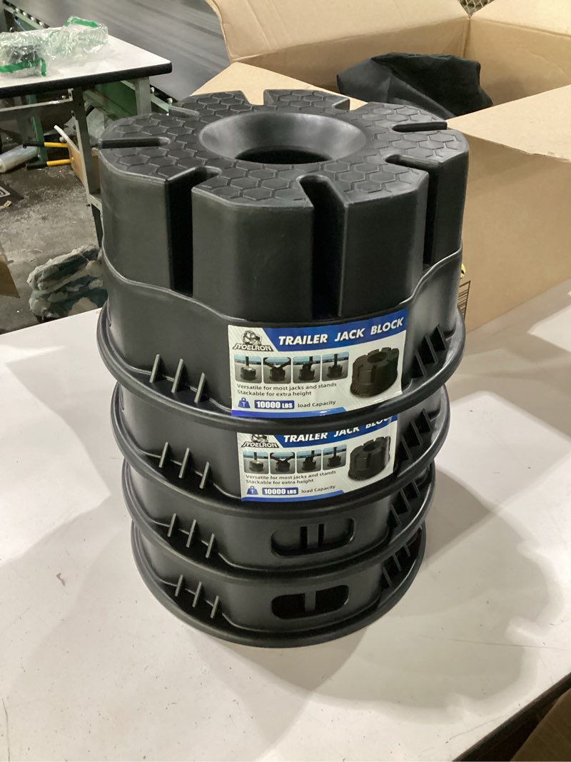 Condition photo showing New/Like New for trailer jack blocks set of 4 – basima rv leveling blocks, heavy-duty universal-fit stackable 6" rv stabilizer blocks for 5th wheel, camper, travel trailer, and tongue jacks with carrying bag, black