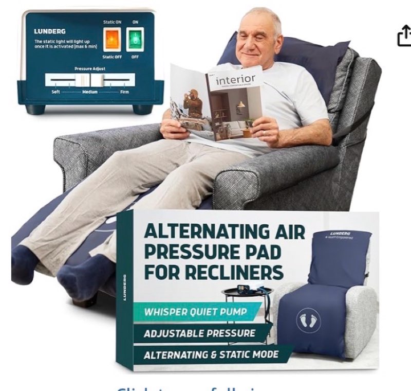 Lunderg Alternating Air Pressure Pad for Recliner Chair - Pressure Relief Cushion Topper for Recliner - Bed Sore Prevention - Medical Grade Mattress Pad, Cover & Quiet Pump - Home or Hospital (Blue)