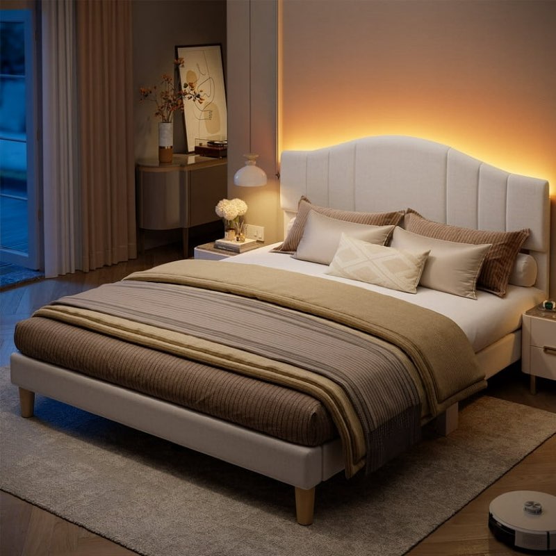 Possibly missing box 2 Queen Bed Frame with Upholstered Headboard - Beige Fabric