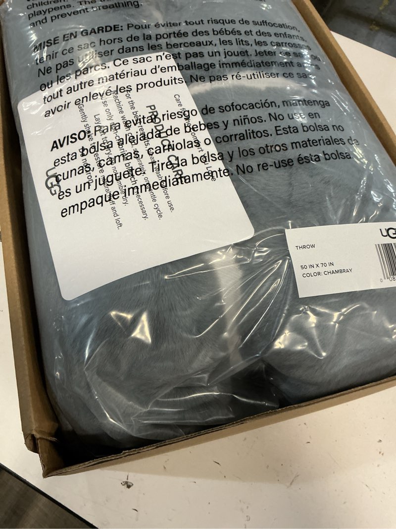 Condition photo showing New/Like New for UGG Euphoria Faux Fur Throw Blanket, Oversized Soft Throw for Couch or Bed, Luxury Room Decor, Giftable Fuzzy Blankets, Machine Washable, 50-inch x 70-inch, Chambray Blue Grey Blue Grey Throw