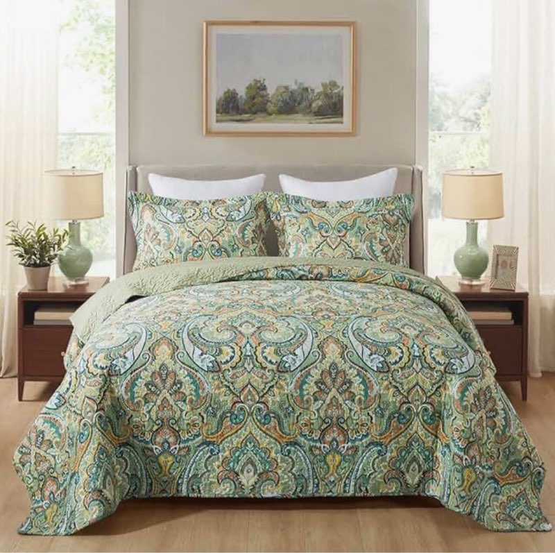 newlake cotton bedspread quilt sets-reversible patchwork coverlet set, european green floral pattern