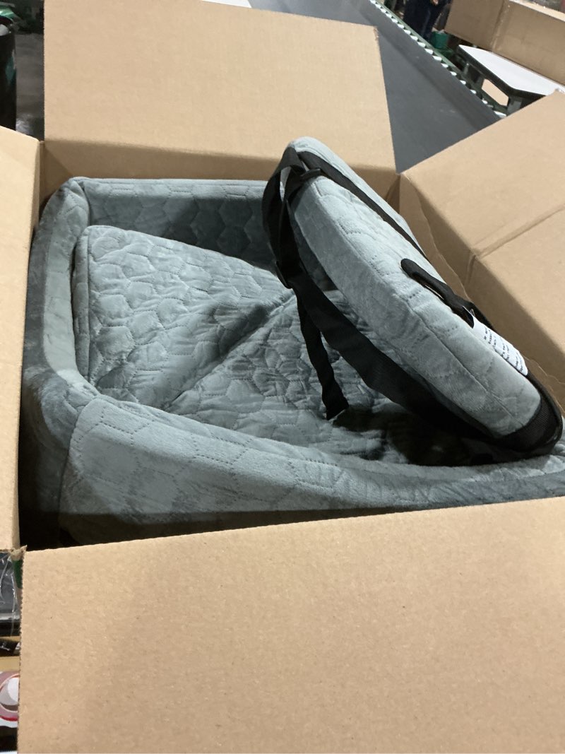 Condition photo showing As Is for dog car seat for small/medium dogs, memory foam dog booster seat, travel safety per car seat with washable removable cover, storage pockets for dogs up to 35 lbs(gray) gray small