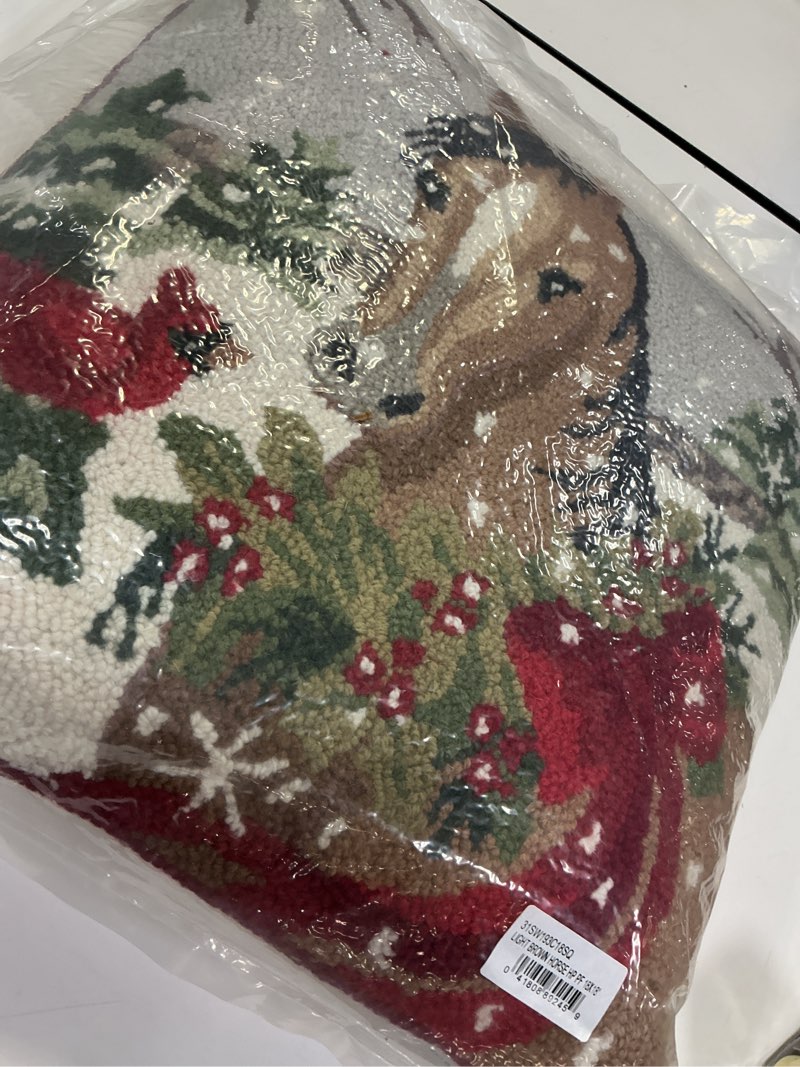 Condition photo showing Good Condition for Peking Handicraft Light Brown Holiday Horse Christmas Holly - 18" Hooked Wool Pillow