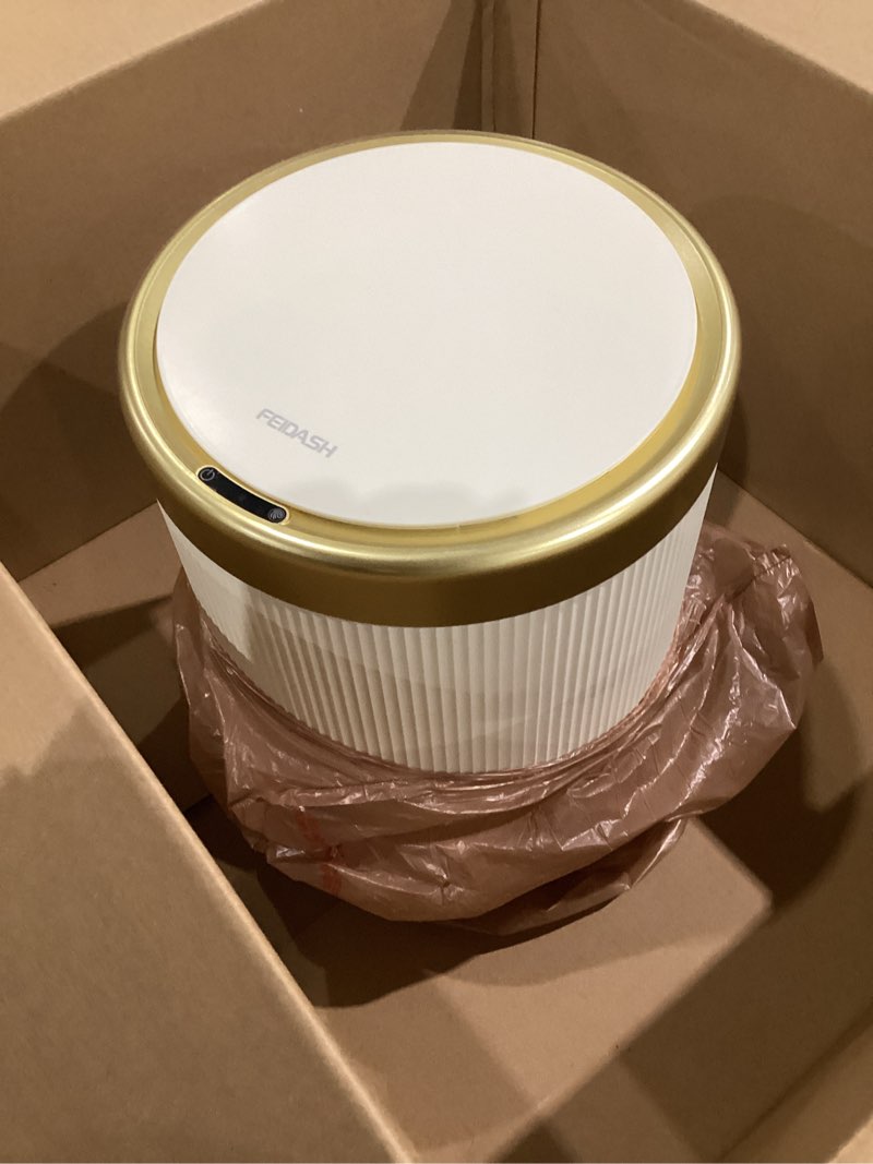 Condition photo showing As Is for 1pc 3.17gal luxury large capacity push-lid trash can, dual inner buckets, bathroom trash can, odor-sealing oval garbage bin, modern plastic waste container for kitchen,