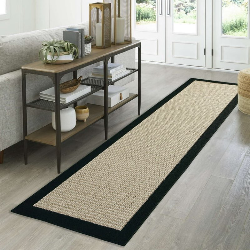 mainstays farmhouse faux sisal olefin black border indoor hallway runner rug