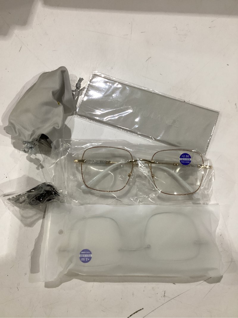 Condition photo showing New/Like New for 2 packs rimless blue light blocking reading glasses for women, sparkling metal computer readers gold+silver 2.5 x