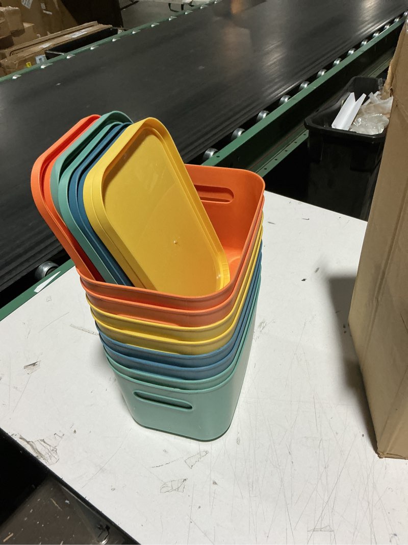 Condition photo showing Good Condition for 8 Pack Colorful Plastic Storage Bins with Lid and Handle?Stackable Storage Box Basket Containers?Desktop Storage Box Cubby Bins for Shelf Cabinet Kitchen Bathroom Office?10 x 7 x 6.1Inch