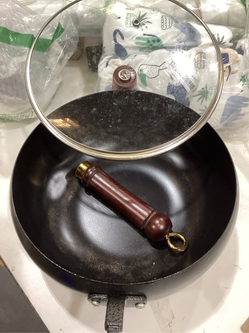 Condition photo showing As Is for Carbon Steel Wok Pan, 9.5" Woks & Stir-Fry Pans with Glass Lid Cookwares, Nonstick Wok Flat Bottom Small Handmade Chinese Wok For for All Stoves 9.5? with lid