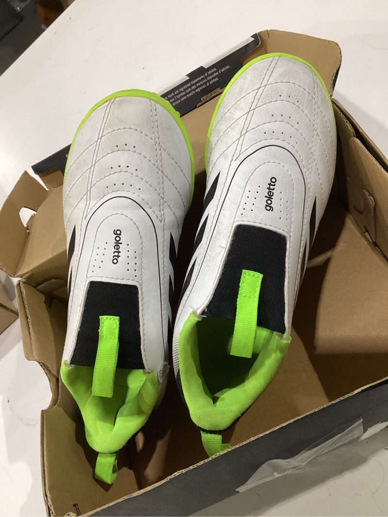 Condition photo showing Good Condition for adidas kids' goletto ix laceless turf 13 little kid white/black/lucid lemon