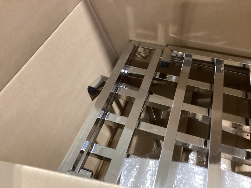 Condition photo showing As Is for morningro 2 pack dunnage rack 19.7" long x 19.7" wide, 3.9" height stainless steel shelf 2000+ pound capacity commercial food floor rack for restaurants kitchens garages and vehicles(detachable) 2 19.7'' long x 19.7'' wide x 3.9''height