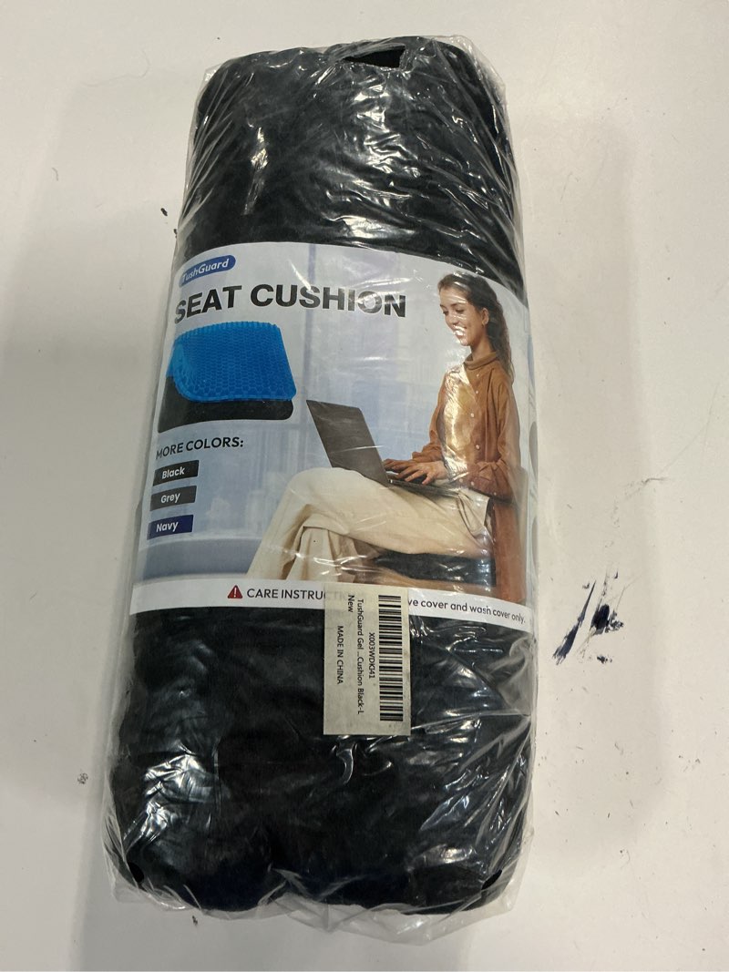 Condition photo showing New/Like New for tushguard gel seat cushion for long sitting, breathable thick patent design | enlarged cooling chair pad for office chair, wheelchair, desk chair, supportive car cushion (standard, black+blue)