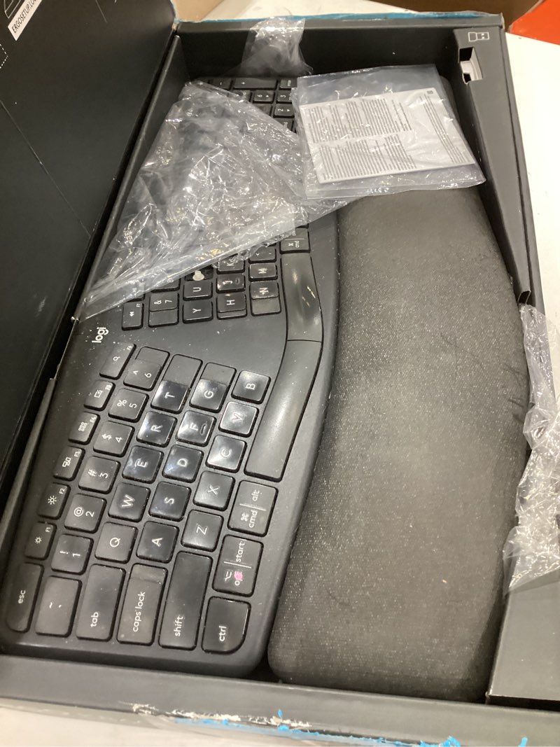 Condition photo showing As Is for logitech ergo k860 wireless ergonomic keyboard - split keyboard, wrist rest, natural typing, stain-resistant fabric, bluetooth and usb connectivity, compatible with windows/mac, black keyboard only