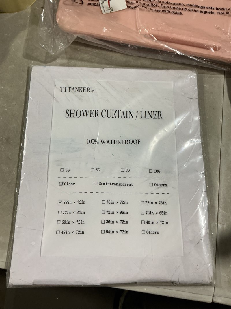 Condition photo showing As Is for titanker clear shower curtain liner, plastic shower liner peva 72 x 72 lightweight waterproof shower curtains for bathroom with magnets and rustproof grommets clear 72"w x 72"l (pack of 1)