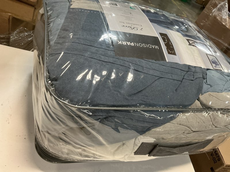 Condition photo showing New/Like New for madison park cozy comforter set casual modern design - all season bedding, matching bed skirt, decorative pillows, collins, suede blue grey king(104"x92") 7 piece collins blue/grey king