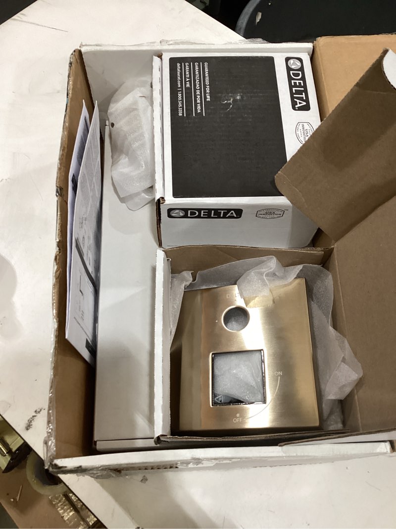 Condition photo showing Good Condition for delta modern 14 series square rain shower system faucet set, rainfall brushed gold shower head and handle set, valve trim kit, 10 inch, champagne bronze 342701-cz