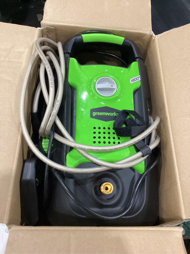 Condition photo showing As Is for **not trsted**  greenworks compact electric pressure washer, 1.2 gpm (csa certified, lightweight, 20 ft tangle-free hose, 35 ft power cord) great for cars, fences, patios, driveways, decks and patios pressure washer 1600 psi