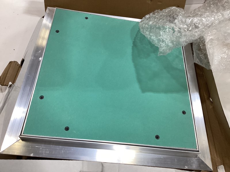 Condition photo showing As Is for repa market 12 x 12 inch access panel for drywall with aluminum frame - wall hole cover - access door panel with click function – heavy-duty service hatch for plumbing, electrical, hvac access door