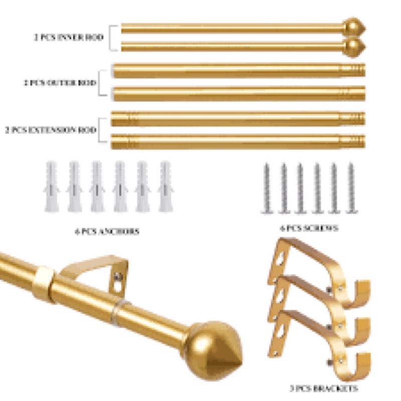 3/4" standard decorative adjustable curtain rod,heavy duty curtain rods set for windows,30 to 80 inch, gold