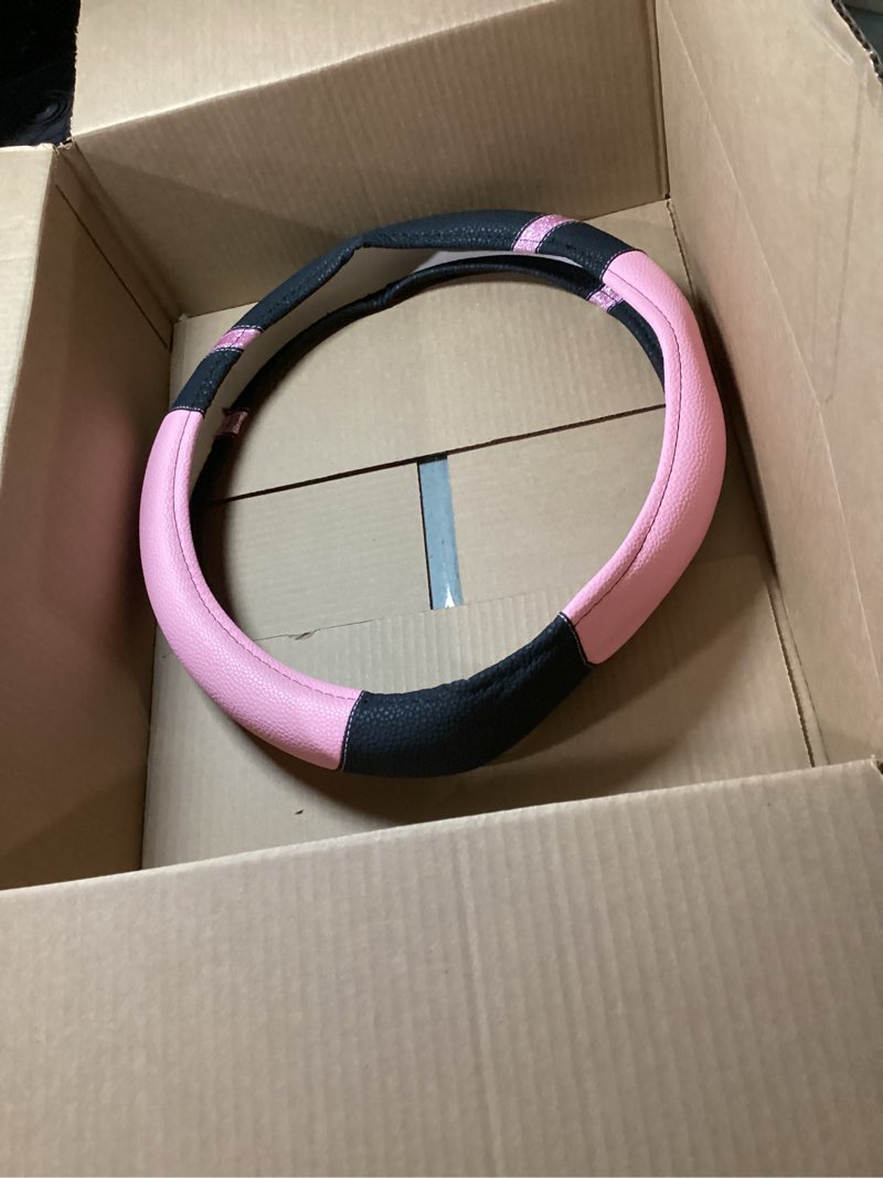 Condition photo showing As Is for pic auto steering wheel cover, pink patterned & black leather patchwork design, universal fit 14.5"–15.5", anti-slip, odor-free, soft pu grain leather, durable grip car accessory for girls & women pink & black
