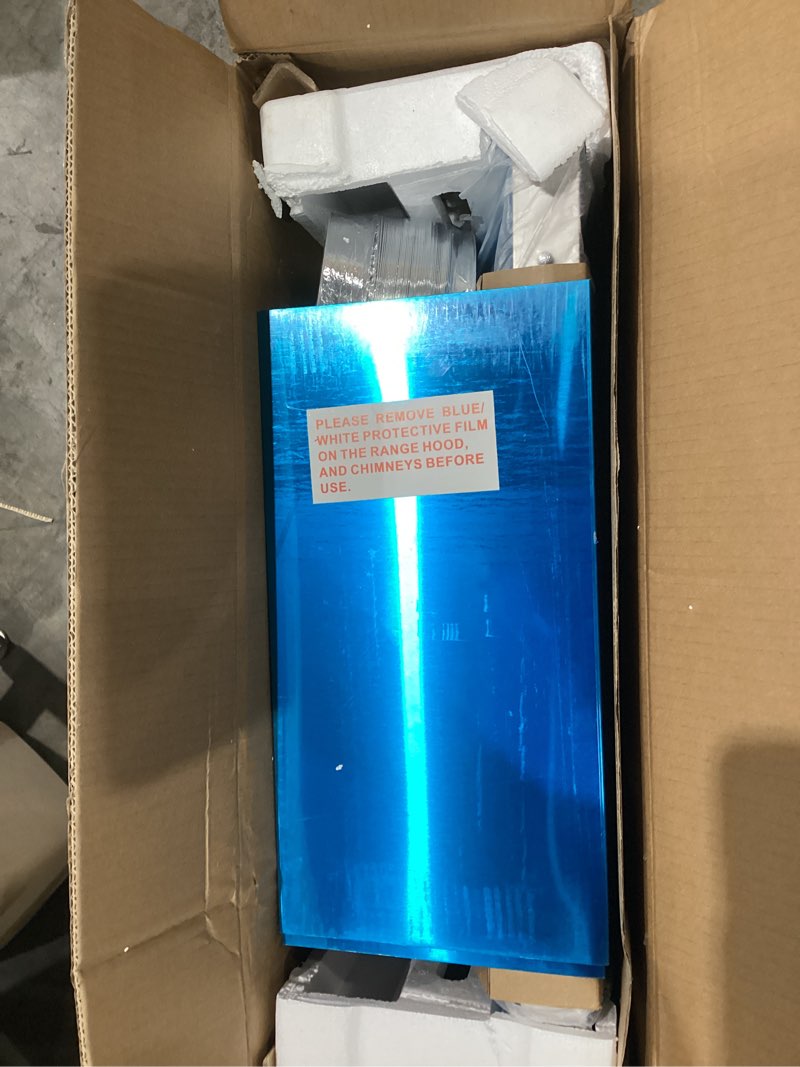 Condition photo showing As Is for 24 Inch Range Hood, Wall Mount Vent Hood in Stainless Steel with Ducted/Ductless Convertible Duct, 3 Speed Exhaust Fan, Energy Saving LED Light, Push Button Control, 2 Pcs Baffle Filters 24 inch-Push Button Control