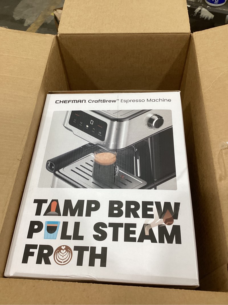 Condition photo showing New/Like New for Chefman CraftBrew Espresso Machine, 15-Bar Pump Digital Espresso Maker w/Steam Wand for Latte & Cappuccino, Compact Espresso Coffee Machine w/ 1.5L Removable Water Reservoir - Stainless Steel Automatic