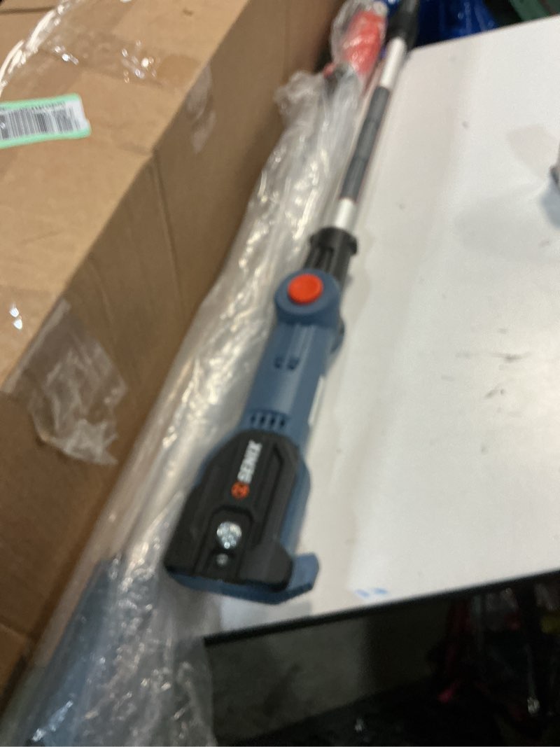 Condition photo showing As Is for senix electric pole saw for tree trimming, 8 inch 20v cordless pole chain saw battery powered with telescoping handle & articulating head, 2.5ah battery & 2a charger included (missing blade)