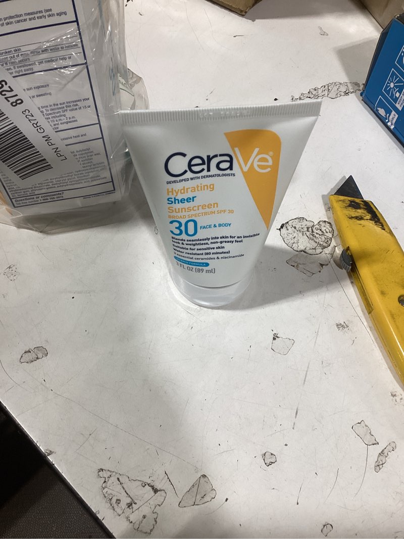 Condition photo showing As Is for cerave hydrating sheer sunscreen with spf 30 for face and body, mineral & chemical sunscreen for men & women with zinc oxide, hyaluronic acid and ceramides, paraben-free + fragrance-free, 3 ounces 3 fl oz (pack of 1)
