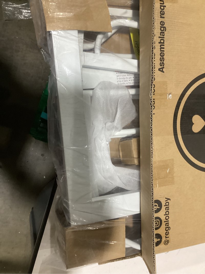 Condition photo showing As Is for regalo easy step 49-inch extra wide baby gate, includes 4-inch and 12-inch extension kit, 4 pack of pressure mount kit and 4 pack of wall mount kit white 29-49"w x 30"h