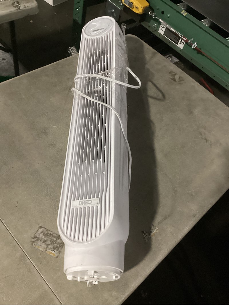 Condition photo showing As Is for dreo tower fan for bedroom, 25ft/s smart standing fans, 90° oscillating floor fan with 4 modes, 4 speeds, 8h timer, 28db, bladeless, remote, 28 db, works with wifi voice control white