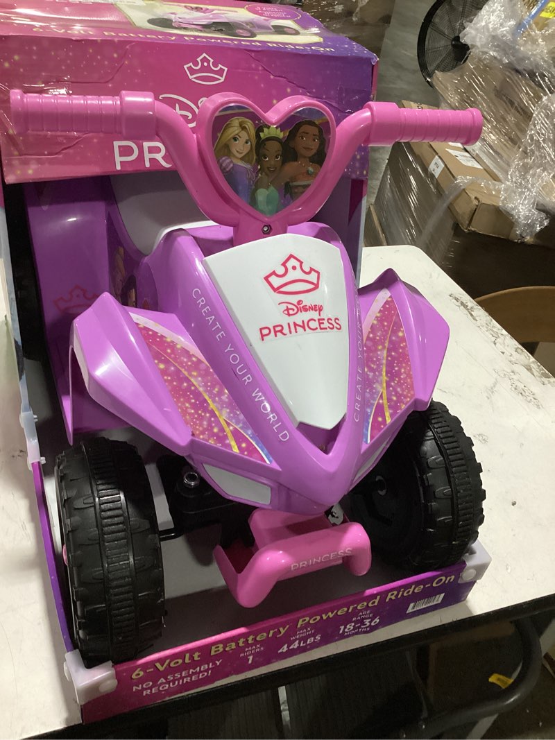 Condition photo showing As Is for disney princess atv, 6v battery powered ride on, ages 18m to 36m
