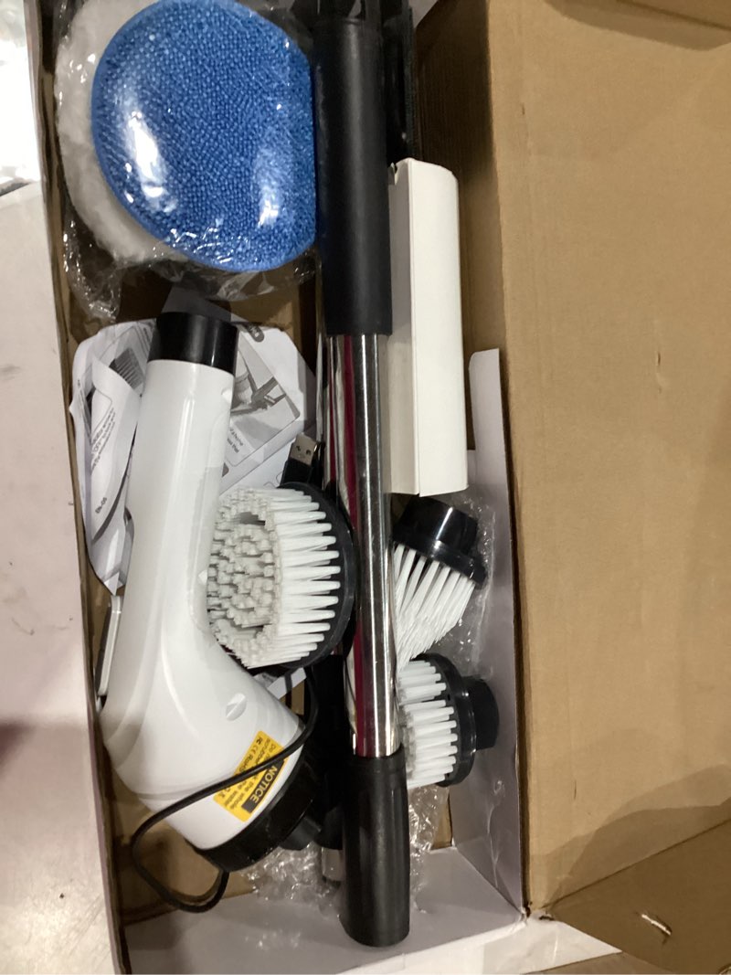 Condition photo showing As Is for electric spin scrubber - cordless bathroom scrubber with 7 brush heads - dual speed ipx7 waterproof power scrubber for heavy-duty bathtub, glass, tile, and car cleaning (white)