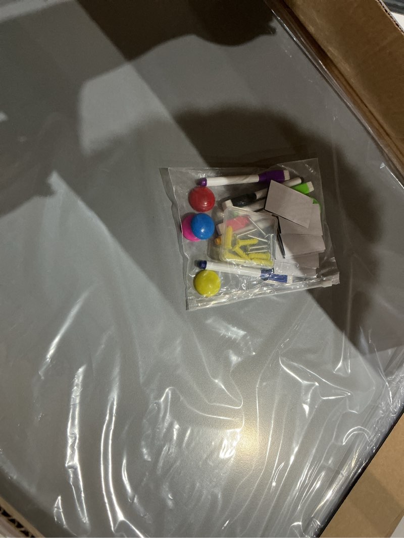 Condition photo showing Good Condition for 24" x 36" magnetic board, silver magnet bulletin board to display magnetic letters, metal board for wall, refrigerator photo, with dual lock tape and screws, marker pen 24" x 36" silver