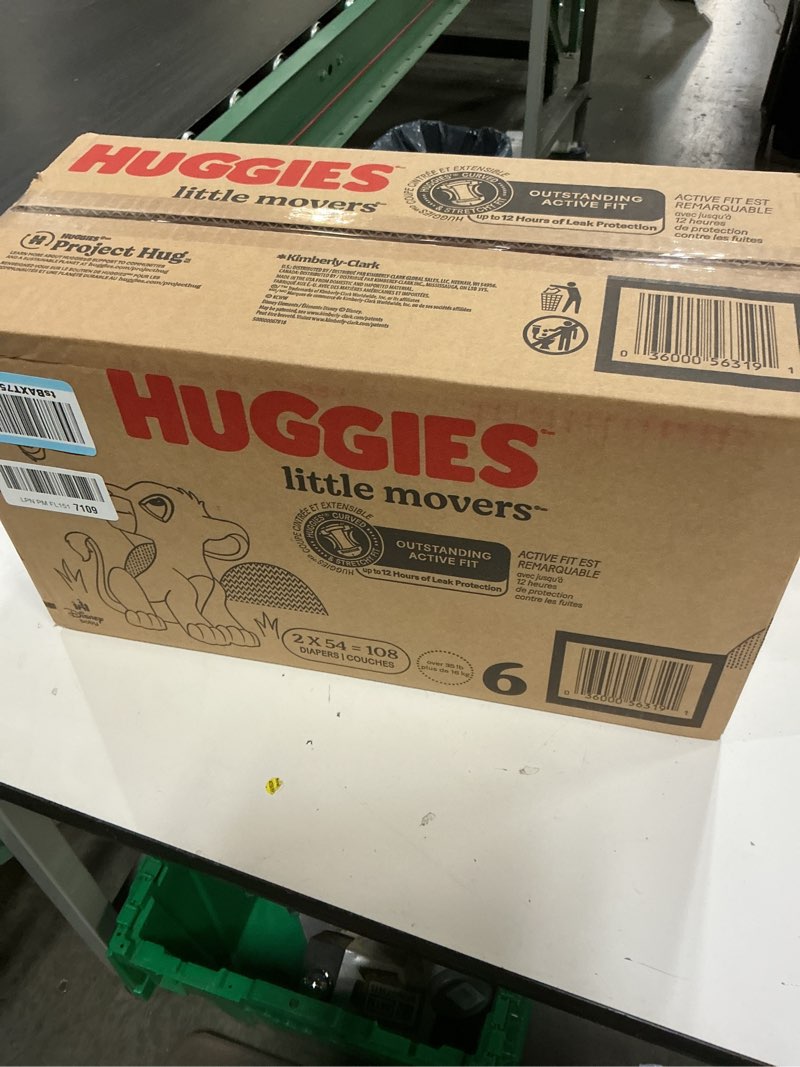 Condition photo showing New/Like New for huggies size 6 diapers, little movers baby diapers, size 6 (35+ lbs), 108 count (2 packs of 54), packaging may vary